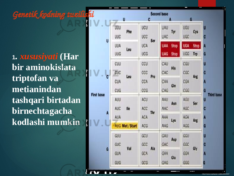 Genetik kodning tuzilishi 1 . xususiyati (Har bir aminokislata triptofan va metianindan tashqari birtadan birnechtagacha kodlashi mumkin http://www.myshared.ru/slide/663329/ 