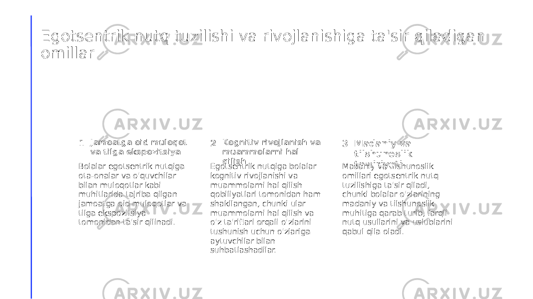 Egotsentrik nutq tuzilishi va rivojlanishiga ta&#39;sir qiladigan omillar 1 2 3Jamoatga oid muloqot va tilga ekspozitsiya Kognitiv rivojlanish va muammolarni hal qilish Madaniy va tilshunoslik ta&#39;siriyoti Bolalar egotsentrik nutqiga ota-onalar va o&#39;quvchilar bilan muloqotlar kabi muhitlarida tajriba qilgan jamoatga oid muloqotlar va tilga ekspozitsiya tomonidan ta&#39;sir qilinadi. Egotsentrik nutqiga bolalar kognitiv rivojlanishi va muammolarni hal qilish qobiliyatlari tomonidan ham shakllangan, chunki ular muammolarni hal qilish va o&#39;z ta&#39;riflari orqali o&#39;zlarini tushunish uchun o&#39;zlariga aytuvchilar bilan suhbatlashadilar. Madaniy va tilshunoslik omillari egotsentrik nutq tuzilishiga ta&#39;sir qiladi, chunki bolalar o&#39;zlarining madaniy va tilshunoslik muhitiga qarab turib, farqli nutq usullarini va uslublarini qabul qila oladi. 