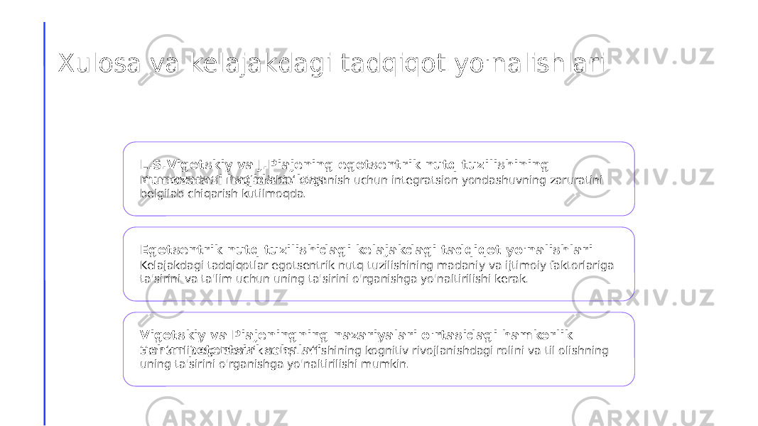 Xulosa va kelajakdagi tadqiqot yo&#39;nalishlari L.S.Vigotskiy va J.Piajening egotsentrik nutq tuzilishining munozarasi haqida xulosa Munozarada til rivojlanishini o&#39;rganish uchun integratsion yondashuvning zaruratini belgilab chiqarish kutilmoqda. Egotsentrik nutq tuzilishidagi kelajakdagi tadqiqot yo&#39;nalishlari Kelajakdagi tadqiqotlar egotsentrik nutq tuzilishining madaniy va ijtimoiy faktorlariga ta&#39;sirini va ta&#39;lim uchun uning ta&#39;sirini o&#39;rganishga yo&#39;naltirilishi kerak. Vigotskiy va Piajeningning nazariyalari o&#39;rtasidagi hamkorlik uchun potentsial sohalari Hamkorlik egotsentrik nutq tuzilishining kognitiv rivojlanishdagi rolini va til olishning uning ta&#39;sirini o&#39;rganishga yo&#39;naltirilishi mumkin. 