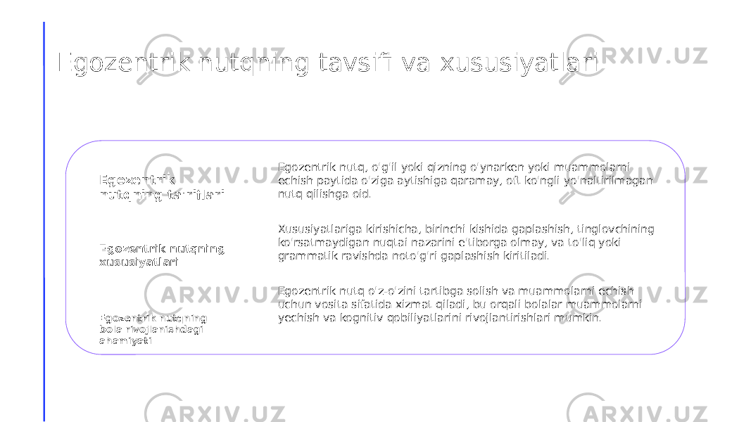 Egozentrik nutqning tavsifi va xususiyatlari Egozentrik nutqning ta&#39;riflari Egozentrik nutqning xususiyatlari Egozentrik nutqning bola rivojlanishdagi ahamiyati Egozentrik nutq, o&#39;g&#39;il yoki qizning o&#39;ynarken yoki muammolarni echish paytida o&#39;ziga aytishiga qaramay, oft ko&#39;ngli yo&#39;naltirilmagan nutq qilishga oid. Xususiyatlariga kirishicha, birinchi kishida gaplashish, tinglovchining ko&#39;rsatmaydigan nuqtai nazarini e&#39;tiborga olmay, va to&#39;liq yoki grammatik ravishda noto&#39;g&#39;ri gaplashish kiritiladi. Egozentrik nutq o&#39;z-o&#39;zini tartibga solish va muammolarni echish uchun vosita sifatida xizmat qiladi, bu orqali bolalar muammolarni yechish va kognitiv qobiliyatlarini rivojlantirishlari mumkin. 