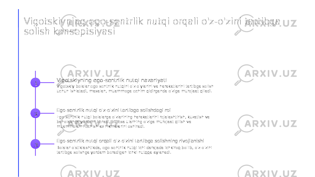 Vigotskiyning ego-sentrlik nutqi orqali o&#39;z-o&#39;zini tartibga solish konseptsiyasi 1 Vigotskiyning ego-sentrlik nutqi nazariyati Vigotskiy bolalar ego-sentrlik nutqini o&#39;z o&#39;ylarini va harakatlarini tartibga solish uchun ishlatadi, masalan, muammoga echim qidirganda o&#39;ziga murojaat qiladi. 2 Ego-sentrlik nutqi o&#39;z-o&#39;zini tartibga solishdagi rol Ego-sentrlik nutqi bolalarga o&#39;zlarining harakatlarini rejalashtirish, kuzatish va baholashga yordam beradi, bu esa ularning o&#39;ziga murojaat qilish va muammolarni echish ko&#39;nikmalarini oshiradi. 3 Ego-sentrlik nutqi orqali o&#39;z-o&#39;zini tartibga solishning rivojlanishi Bolalar o&#39;stiklashtikda, ego-sentrlik nutqi ichi darajada ichkiroq bo&#39;lib, o&#39;z-o&#39;zini tartibga solishga yordam beradigan ichki nutqqa aylanadi. 