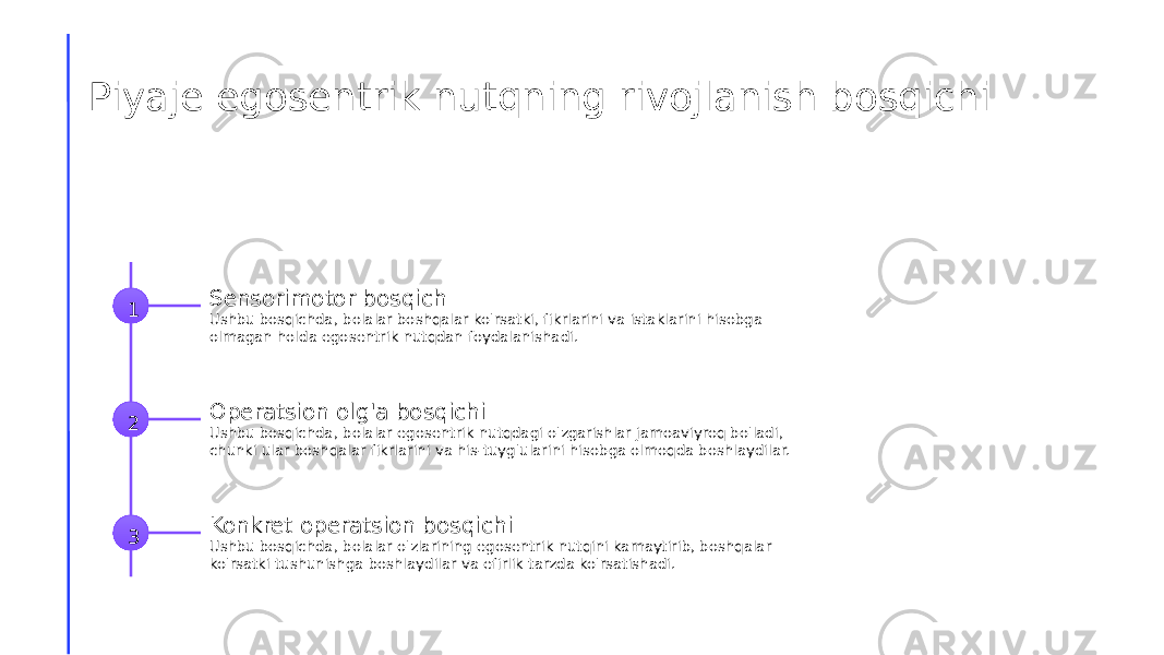 Piyaje egosentrik nutqning rivojlanish bosqichi 1 Sensorimotor bosqich Ushbu bosqichda, bolalar boshqalar ko&#39;rsatki, fikrlarini va istaklarini hisobga olmagan holda egosentrik nutqdan foydalanishadi. 2 Operatsion olg&#39;a bosqichi Ushbu bosqichda, bolalar egosentrik nutqdagi o&#39;zgarishlar jamoaviyroq bo&#39;ladi, chunki ular boshqalar fikrlarini va his-tuyg&#39;ularini hisobga olmoqda boshlaydilar. 3 Konkret operatsion bosqichi Ushbu bosqichda, bolalar o&#39;zlarining egosentrik nutqini kamaytirib, boshqalar ko&#39;rsatki tushunishga boshlaydilar va efirlik tarzda ko&#39;rsatishadi. 