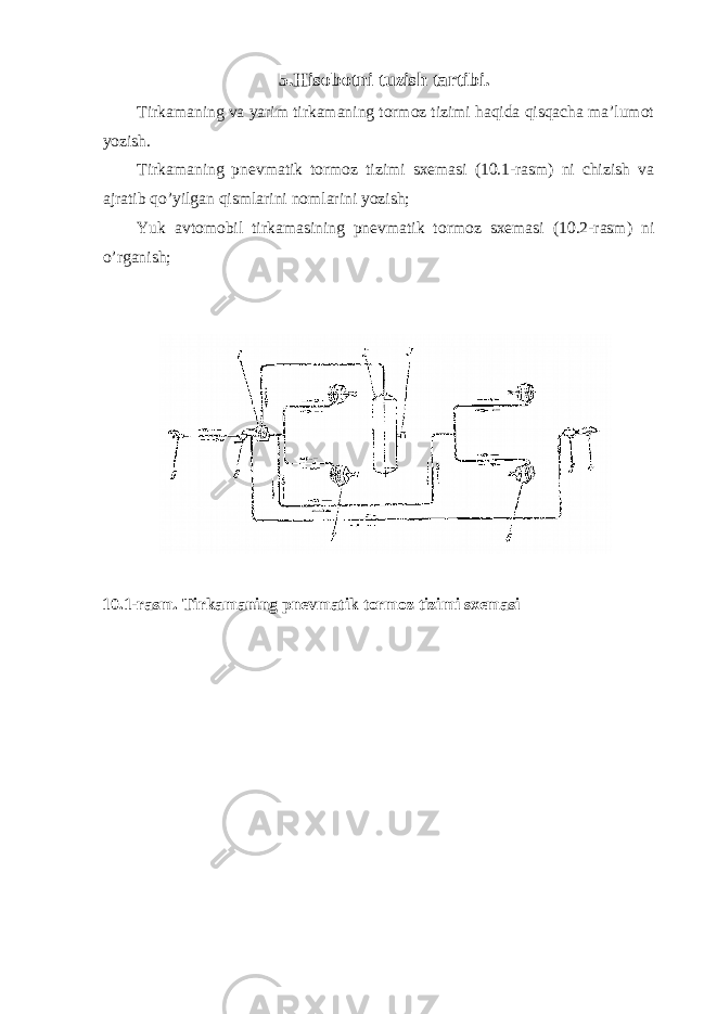 5.Hisobotni tuzish tartibi. Tirkamaning va yarim tirkamaning tormoz tizimi haqida qisqacha ma’lumot yozish. Tirkamaning pnevmatik tormoz tizimi sxemasi (10.1-rasm) ni chizish va ajratib qo’yilgan qismlarini nomlarini yozish; Yuk avtomobil tirkamasining pnevmatik tormoz sxemasi (10.2-rasm) ni o’rganish; 10.1-rasm. Tirkamaning pnevmatik tormoz tizimi sxemasi 