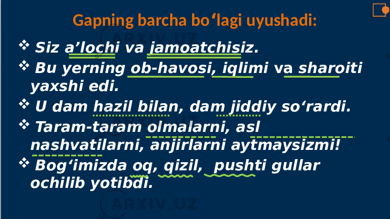 Gapning barcha bo ‘ lagi uyushadi:  Siz a’lochi va jamoatchisiz.  Bu yerning ob-havosi, iqlimi va sharoiti yaxshi edi.  U dam hazil bilan, dam jiddiy so‘rardi.  Taram-taram olmalarni, asl nashvatilarni, anjirlarni aytmaysizmi!  Bog‘imizda oq, qizil, pushti gullar ochilib yotibdi. 