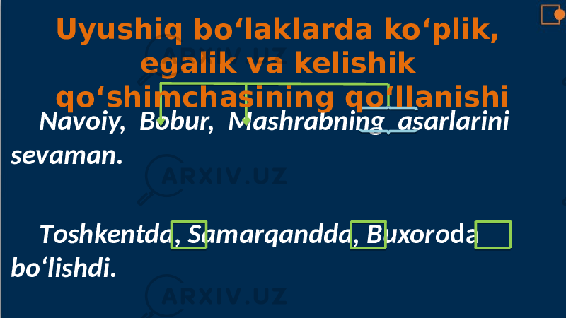 Navoiy, Bobur, Mashrabning asarlarini sevaman. Тoshkentda, Samarqandda, Buxoro da bo‘lishdi. Uyushiq bo‘laklarda ko‘plik, egalik va kelishik qo‘shimchasining qo‘llanishi 