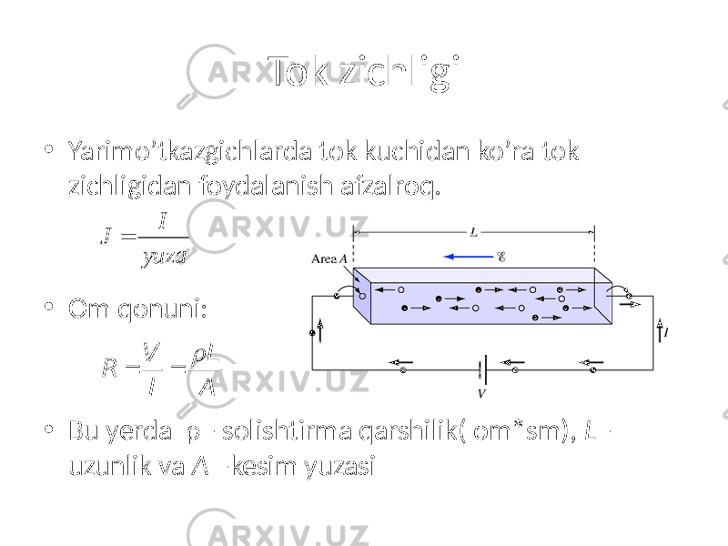 Tok zichligi • Yarimo’tkazgichlarda tok kuchidan ko’ra tok zichligidan foydalanish afzalroq. • Om qonuni: • Bu yerda ρ - solishtirma qarshilik( om*sm), L - uzunlik va A –kesim yuzasiI J yuza = R = V I = r L A 