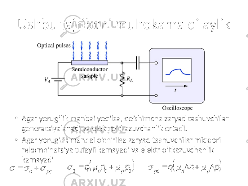 Ushbu tajribani muhokama qilaylik • Agar yorug’lik manbai yoqilsa, qo’shimcha zaryad tashuvchilar generatsiyalanadi va elektro’tkazuvchanlik ortadi. • Agar yorug’lik manbai o’chirilsa zaryad tashuvchilar miqdori rekombinatsiya tufayli kamayadi va elektr o’tkazuvchanlik kamayadi  =  0 +  pc  0 = q m nn 0 + m p p 0 ( )  pc = q m nD n + m pD p ( ) 