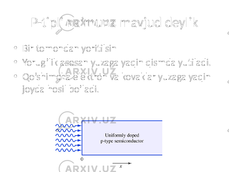 P-tipli na’muna mavjud deylik • Bir tomondan yoritilsin • Yorug’lik asosan yuzaga yaqin qismda yutiladi. • Qo’shimcha elektron va kovaklar yuzaga yaqin joyda hosil bo’ladi. 