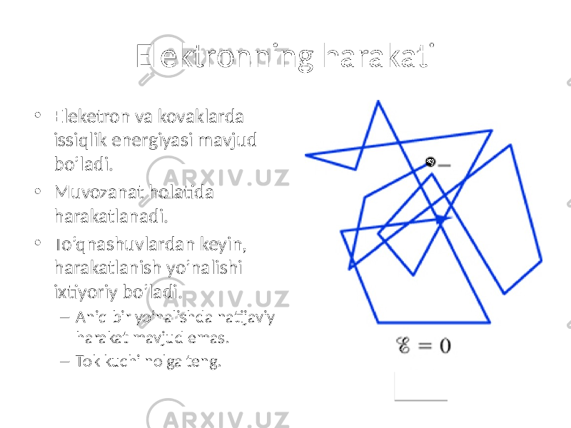 Elektronning harakati • Eleketron va kovaklarda issiqlik energiyasi mavjud bo’ladi. • Muvozanat holatida harakatlanadi. • To’qnashuvlardan keyin, harakatlanish yo’nalishi ixtiyoriy bo’ladi. – Aniq bir yo’nalishda natijaviy harakat mavjud emas. – Tok kuchi nolga teng. 