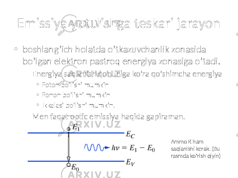 Emissiya yutulishga teskari jarayon • boshlang’ich holatda o’tkazuvchanlik zonasida bo’lgan elektron pastroq energiya zonasiga o’tadi. – Energiya saqlanish qonuniga ko’ra qo’shimcha energiya • Foton bo’lishi mumkin • Fonon bo’lishi mumkin • Ikkalasi bo’lishi mumkin. – Men faqat optic emissiya haqida gapiraman. Ammo K ham saqlanishi kerak. (Bu rasmda ko’rish qiyin) 