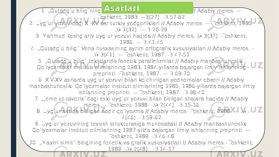 1. „Qutadgʻu bilig“ning uygʻur yozuvidagi varianti haqida // Adabiy meros. — Toshkent, 1983. −3(27). -B.57-62. 2. Uygʻur yozuvidagi XI-XV asr turkiy yodgorliklari // Adabiy meros. — Toshkent, 1985. № 1(32). — B.26-29. 3. Mahmud Koshgʻariy uygʻur yozuvi haqida // Adabiy meros, № 3(37). -Toshkent, 1986. — B.41-45. 4. „Qutadgʻu bilig“ Vena nusxasining ayrim orfografik xususiyatlari // Adabiy meros. - № 3(41). — Toshkent, 1987. -B.47-51. 5. „Qutadgʻu bilig“ tekstlarida fonetik parallelizmlar // Adabiy manbashunoslik: Qoʻlyozmalar instituti olimlarining 1983, 1984-yillarda bajargan ilmiy ishlarining preprinti. -Toshkent, 1987. — B.69-70. 6. XIV-XV asrlarda uygʻur yozuvi bilan koʻchirilgan yodnomalar obzori // Adabiy manbashunoslik: Qoʻlyozmalar instituti olimlarining 1985, 1986-yillarda bajargan ilmiy ishlarining preprinti. — Toshkent, 1987. -B.38-40. 7. „Jome ut-tavorix“dagi eski uygʻur yozuvi bilan bitilgan shajara haqida // Adabiy meros. - Toshkent, 1988. -№ 2(44). -B.15-16. 8. Uygʻur xatida bitilgan nodir qoʻlyozma // Adabiy meros. -Toshkent, 1988. — № 4(46). -B.59-62. 9. Uygʻur yozuvining tovush strukturasiga munosabati // Adabiy manbashunoslik: Qoʻlyozmalar instituti olimlarining 1987-yilda bajargan ilmiy ishlarining preprinti. — Toshkent, 1989. -B.46-48. 10. „Maytri simit“ bitigining fonetik va grafik xususiyatlari // Adabiy meros.- Toshkent, 1989. -№ 2(48). -B.14-17.Asarlari 