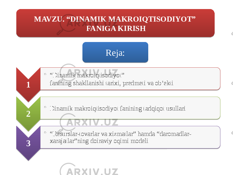 MAVZU. “DINAMIK MAKROIQTISODIYOT” FANIGA KIRISH 1 • “ Dinamik makroiqtisodiyot” fanining shakllanishi tarixi, predmeti va ob’ekti 2 • Dinamik makroiqtisodiyot fanining tadqiqot usullari 3 • “ Resurslar-tovarlar va xizmatlar” hamda “daromadlar- xarajatlar”ning doiraviy oqimi modeli Reja:01 14 17 01 01 02 11 1807 01 02 1907 01 01 1E 16 1E 