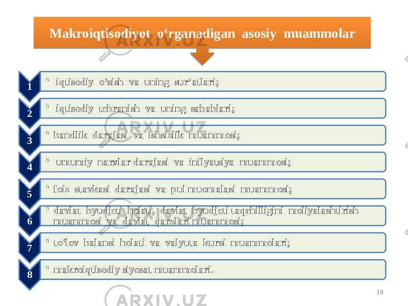 18Makroiqtisodiyot o‘rganadigan asosiy muammolar 1 • iqtisodiy o‘sish va uning sur’atlari; 2 • iqtisodiy tebranish va uning sabablari; 3 • bandlik darajasi va ishsizlik muammosi; 4 • umumiy narxlar darajasi va inflyatsiya muammosi; 5 • foiz stavkasi darajasi va pul muomalasi muammosi; 6 • davlat byudjeti holati, davlat byudjeti taqchilligini moliyalashtirish muammosi va davlat qarzlari muammosi; 7 • to‘lov balansi holati va valyuta kursi muammolari; 8 • makroiqtisodiy siyosat muammolari.01 