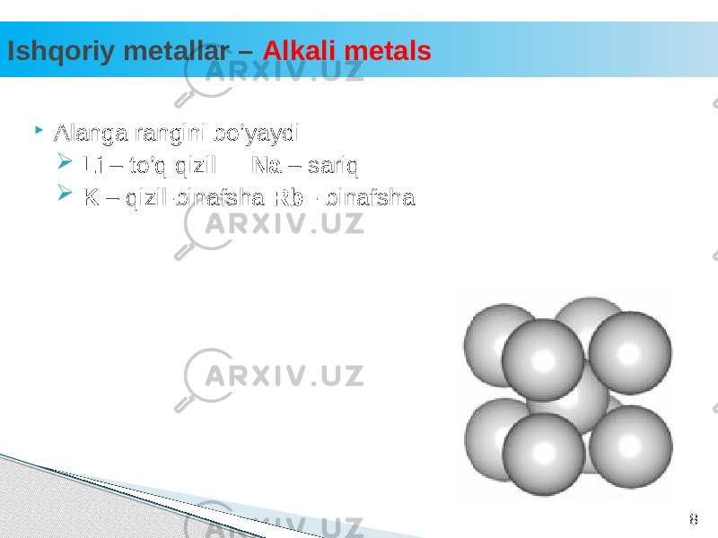 Ishqoriy metallar – Alkali metals 8 Alanga rangini bo’yaydi  Li – to’q qizil Na – sariq  K – qizil-binafsha Rb - binafsha 