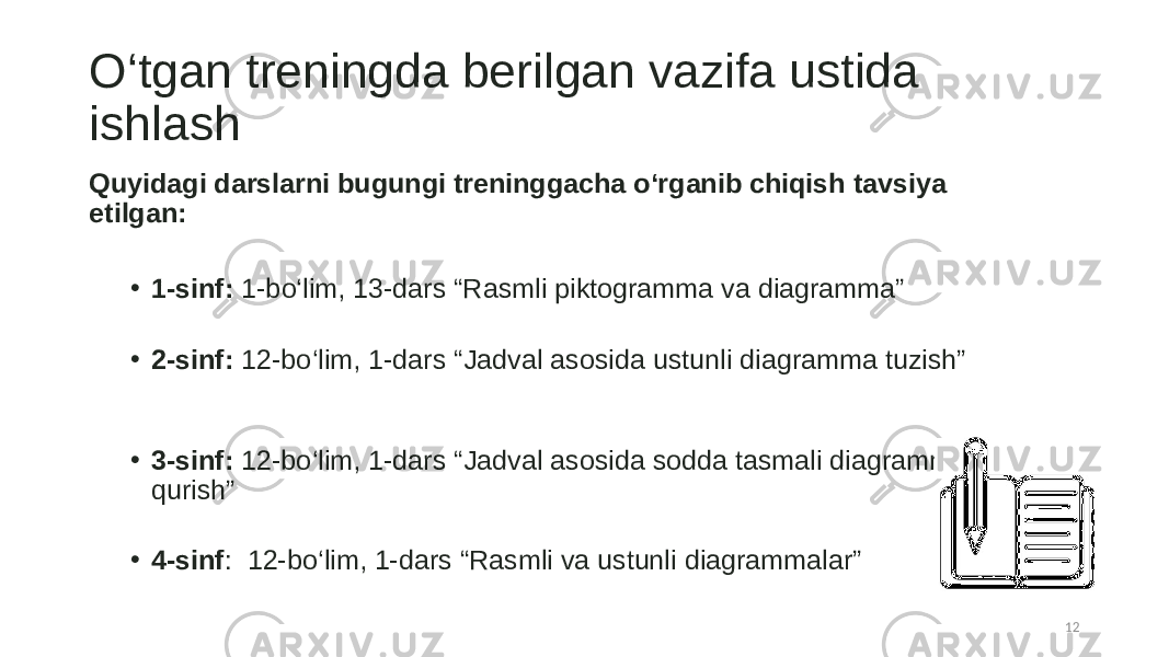 O‘tgan treningda berilgan vazifa ustida ishlash Quyidagi darslarni bugungi treninggacha o‘rganib chiqish tavsiya etilgan: • 1-sinf: 1-bo‘lim, 13-dars “Rasmli piktogramma va diagramma” • 2-sinf:  12-bo ‘lim , 1-dars “Jadval asosida ustunli diagramma tuzish”          • 3-sinf:  12-bo ‘lim , 1-dars “Jadval asosida sodda tasmali diagrammalar qurish” • 4-sinf :  12-bo ‘lim , 1-dars “Rasmli va ustunli diagrammalar” 12 