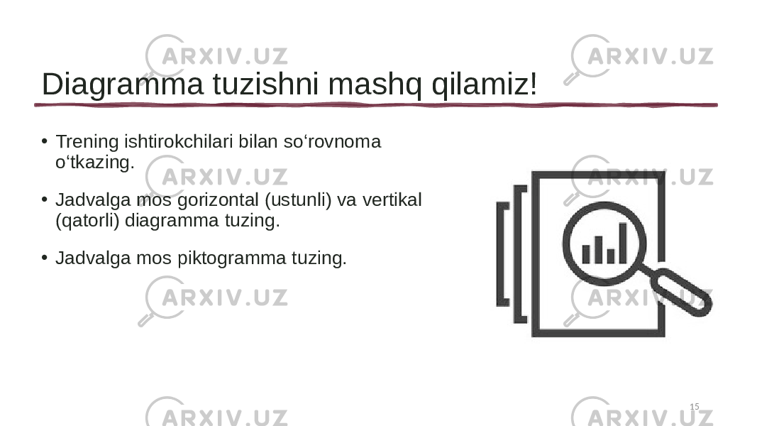 Diagramma tuzishni mashq qilamiz! • Trening ishtirokchilari bilan so‘rovnoma o‘tkazing. • Jadvalga mos gorizontal (ustunli) va vertikal (qatorli) diagramma tuzing. • Jadvalga mos piktogramma tuzing. 15 