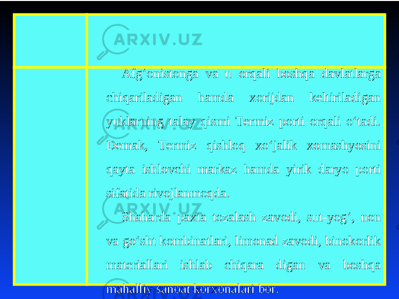 Afg‘onistonga va u orqali boshqa davlatlarga chiqariladigan hamda xorijdan keltiriladigan yuklarning talay qismi Termiz porti orqali o‘tadi. Demak, Termiz qishloq xo‘jalik xomashyosini qayta ishlovchi markaz hamda yirik daryo porti sifatida rivojlanmoqda. Shaharda paxta tozalash zavodi, sut-yog‘, non va go‘sht kombinatlari, limonad zavodi, binokorlik materiallari ishlab chiqara digan va boshqa mahalliy sanoat korxonalari bor. 