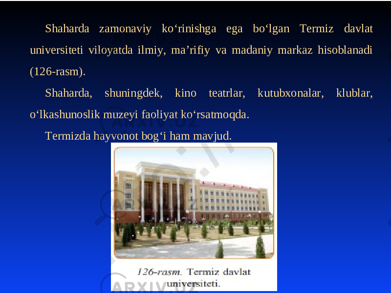 Shaharda zamonaviy ko‘rinishga ega bo‘lgan Termiz davlat universiteti viloyatda ilmiy, ma’rifiy va madaniy markaz hisoblanadi (126-rasm). Shaharda, shuningdek, kino teatrlar, kutubxonalar, klublar, o‘lkashunoslik muzeyi faoliyat ko‘rsatmoqda. Termizda hayvonot bog‘i ham mavjud. 