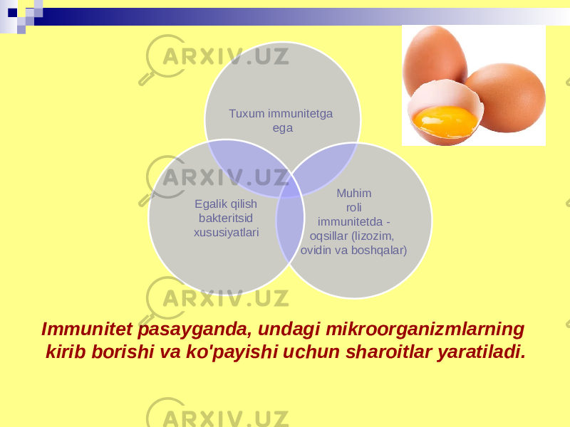 Immunitet pasayganda, undagi mikroorganizmlarning kirib borishi va ko&#39;payishi uchun sharoitlar yaratiladi. Tuxum immunitetga ega Muhim roli immunitetda - oqsillar (lizozim, ovidin va boshqalar)Egalik qilish bakteritsid xususiyatlari 