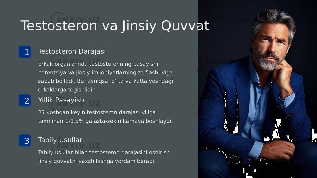 Testosteron va Jinsiy Quvvat 1 Testosteron Darajasi Erkak organizmida testosteronning pasayishi potentsiya va jinsiy imkoniyatlarning zaiflashuviga sabab bo&#39;ladi. Bu, ayniqsa, o&#39;rta va katta yoshdagi erkaklarga tegishlidir. 2 Yillik Pasayish 25 yoshdan keyin testosteron darajasi yiliga taxminan 1-1,5% ga asta-sekin kamaya boshlaydi. 3 Tabiiy Usullar Tabiiy usullar bilan testosteron darajasini oshirish jinsiy quvvatni yaxshilashga yordam beradi. 