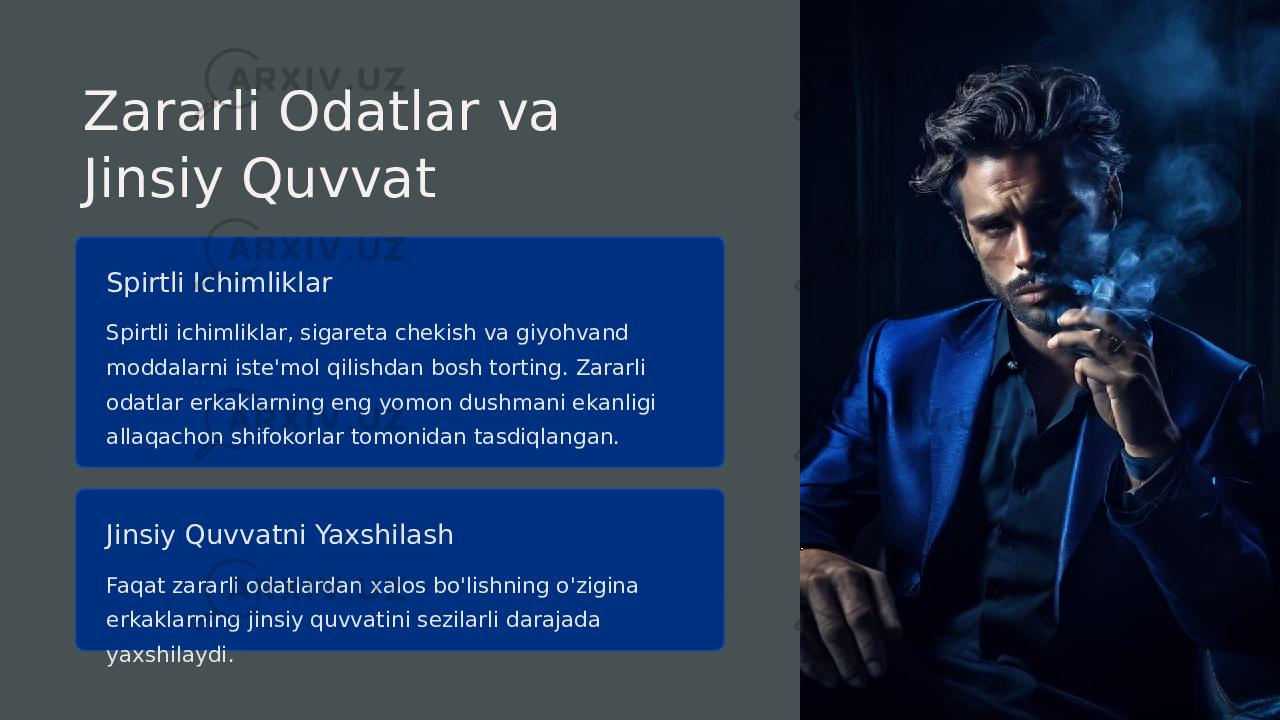 Zararli Odatlar va Jinsiy Quvvat Spirtli Ichimliklar Spirtli ichimliklar, sigareta chekish va giyohvand moddalarni iste&#39;mol qilishdan bosh torting. Zararli odatlar erkaklarning eng yomon dushmani ekanligi allaqachon shifokorlar tomonidan tasdiqlangan. Jinsiy Quvvatni Yaxshilash Faqat zararli odatlardan xalos bo&#39;lishning o&#39;zigina erkaklarning jinsiy quvvatini sezilarli darajada yaxshilaydi. 