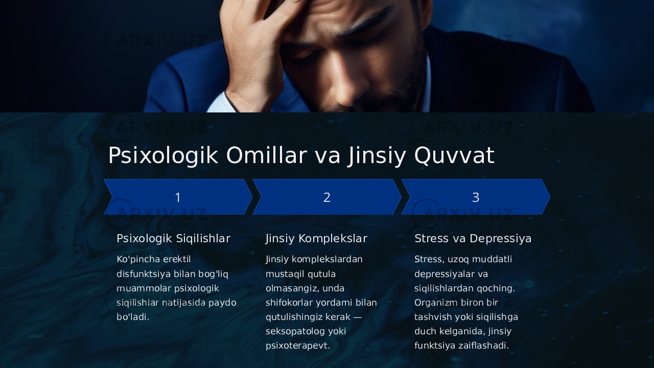 Psixologik Omillar va Jinsiy Quvvat Psixologik Siqilishlar Ko&#39;pincha erektil disfunktsiya bilan bog&#39;liq muammolar psixologik siqilishlar natijasida paydo bo&#39;ladi. Jinsiy Komplekslar Jinsiy komplekslardan mustaqil qutula olmasangiz, unda shifokorlar yordami bilan qutulishingiz kerak — seksopatolog yoki psixoterapevt. Stress va Depressiya Stress, uzoq muddatli depressiyalar va siqilishlardan qoching. Organizm biron bir tashvish yoki siqilishga duch kelganida, jinsiy funktsiya zaiflashadi. 