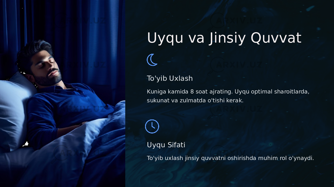 Uyqu va Jinsiy Quvvat To&#39;yib Uxlash Kuniga kamida 8 soat ajrating. Uyqu optimal sharoitlarda, sukunat va zulmatda o&#39;tishi kerak. Uyqu Sifati To&#39;yib uxlash jinsiy quvvatni oshirishda muhim rol o&#39;ynaydi. 