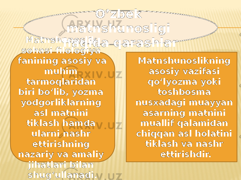 O’zbek matnshunosligi haqida qarashlar Matnshunoslik sohasi filologiya fanining asosiy va muhim tarmoqlaridan biri bo‘lib, yozma yodgorliklarning asl matnini tiklash hamda ularni nashr ettirishning nazariy va amaliy jihatlari bilan shug‘ullanadi.  Matnshunoslikning asosiy vazifasi qo‘lyozma yoki toshbosma nusxadagi muayyan asarning matnini muallif qalamidan chiqqan asl holatini tiklash va nashr ettirishdir. 