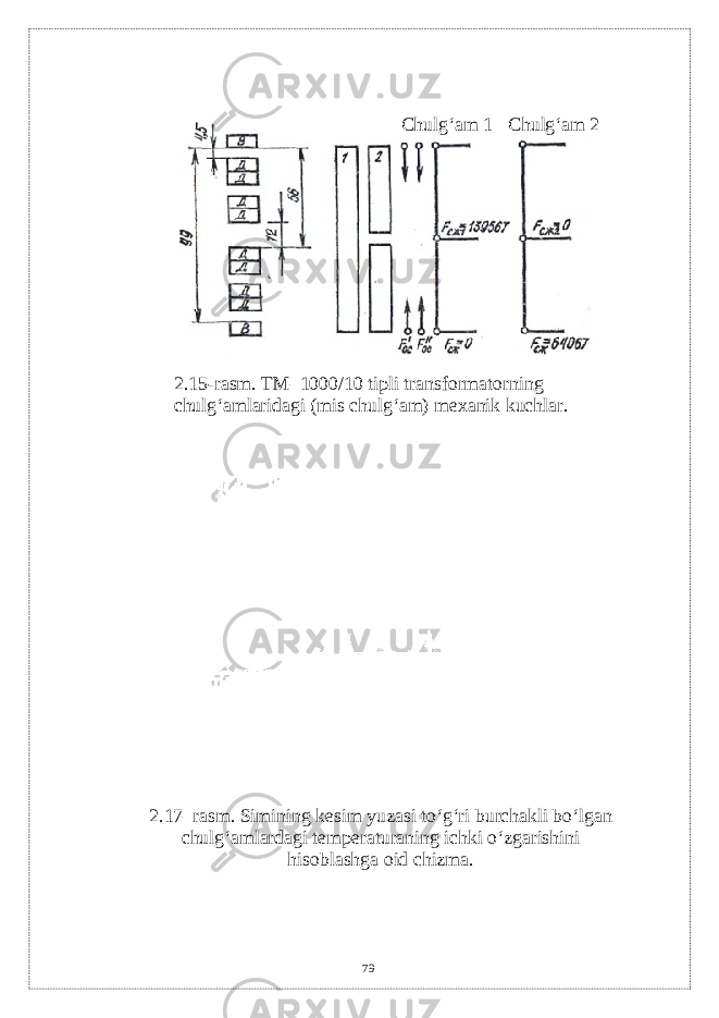 792.15-rasm. TM–1000/10 tipli transformatorning chulg‘amlaridagi (mis chulg‘am) m е xanik kuchlar. 2.17–rasm. Simining k е sim yuzasi to‘g‘ri burchakli bo‘lgan chulg‘amlardagi t е mp е raturaning ichki o‘zgarishini hisoblashga oid chizma. Chulg‘am 1 Chulg‘am 2 