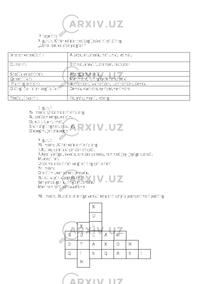  2- topshiriq 2- guruh. Kirish so’zlar haqidagi jadvalni to’ldiring. „Uchta rost va bitta yolg’on “ Ishonch va tasdiqni : Albatta, shubhasiz, ma’lumki, etimol, Gumonni: Ehtimol, shekilli, chamasi, haqiqatan Shodlik va achinish: Attang, afsus balki, Qarashlilikni: Menimcha, uning aytishicha, balki Fikrning tartibini: Birinchidan, ikkinchidan, uchinchidan, demak Oldingi fikr bilan bog’liqlikni Demak, aksincha, ayniqsa,menimcha Tasdiq , inkorni : Ha, yo’q, mayli , attang 1- guruh 25- mashq Undalmalarni aniqlang Bu qasidam senga, xalqim, Oq sut-u tuz hurmati, Erkin o’g’lingman, qabul et, O’zbegim, jon o’zbegim 2- guruh 26- mashq .Kirish so’zlarni aniqlang 1.Xullas, qars ikki qo’ldan chiqadi. 2.Ayol kishiga , avvalo, ona deb qarasak, hammasi joy- joyiga tushadi. Must а qil ish. Undalmalarda tinish belgilarining qo’llanishi 27- mashq Ona tilim , sen borsan ,shaksiz, Bulbul kuyin kuyga solaman. Sen yo’qolgan kuning , shubhasiz, Men ham to’ti bo’lib qolama 28- mashq .Nuqtalar o’erniga kerakli so’zlarni qo’yib boshqotirmani yeching OB O Q X T I N SA X MAU L L O Q N ISAX 