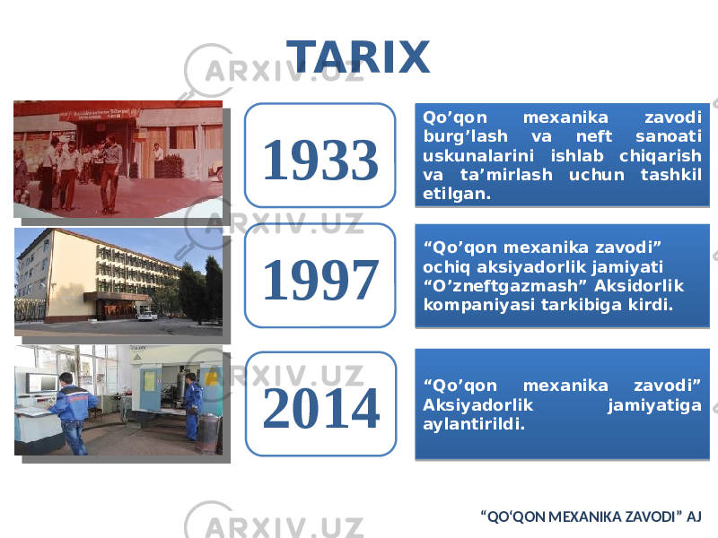 TARIX Qo’qon mexanika zavodi burg’lash va neft sanoati uskunalarini ishlab chiqarish va ta’mirlash uchun tashkil etilgan. “ Qo’qon mexanika zavodi” ochiq aksiyadorlik jamiyati “O’zneftgazmash” Aksidorlik kompaniyasi tarkibiga kirdi. “ Qo’qon mexanika zavodi” Aksiyadorlik jamiyatiga aylantirildi.1933 1997 2014 “ QO‘QON MEXANIKA ZAVODI” AJ0203 1C 1A 0F 09 01 0203 03 01 0D 01 0203 12 0B 