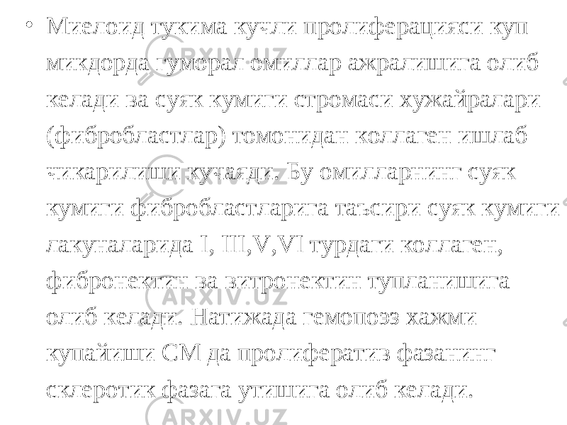 • Миелоид тукима кучли пролиферацияси куп микдорда гуморал омиллар ажралишига олиб келади ва суяк кумиги стромаси хужайралари (фибробластлар) томонидан коллаген ишлаб чикарилиши кучаяди. Бу омилларнинг суяк кумиги фибробластларига таъсири суяк кумиги лакуналарида I , III , V , VI турдаги коллаген, фибронектин ва витронектин тупланишига олиб келади. Натижада гемопоэз хажми купайиши СМ да пролифератив фазанинг склеротик фазага утишига олиб келади. 