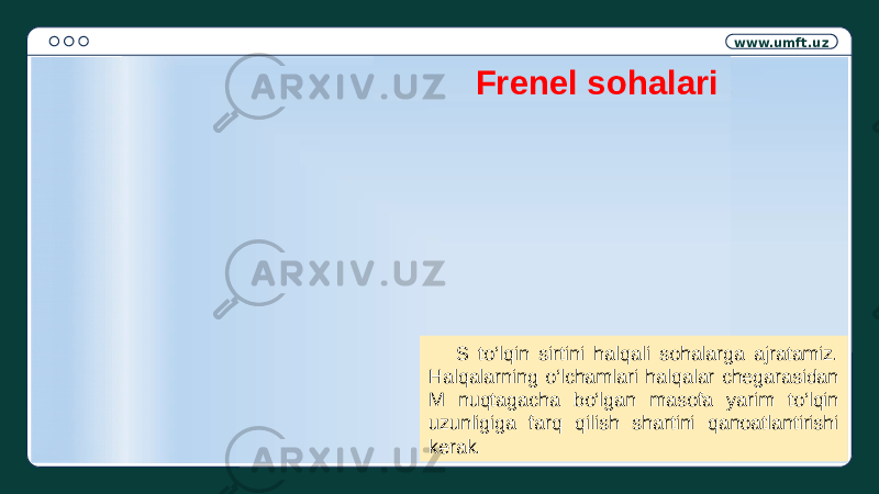 www.umft.uz Frenel sohalari S to‘lqin sirtini halqali sohalarga ajratamiz. Halqalarning o‘lchamlari halqalar chegarasidan M nuqtagacha bo‘lgan masofa yarim to‘lqin uzunligiga farq qilish shartini qanoatlantirishi kerak. 