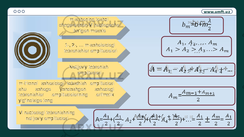 www.umft.uz =b+m  , , … … &#55349;&#56372; = &#55349;&#56372; 1− &#55349;&#56372; 2+ &#55349;&#56372; 3 − &#55349;&#56372; 4 + …   =  A=+(- + )+(- + )+…= =  m-sohaning tashqi chegarasidan M nuqtagacha bo‘lgan masofa 1-, 2-, … m-sohalardagi tebranishlar amplitudalari Natijaviy tebranish amplitudasi m-Frenel sohasidagi tebranish amplitudasi shu sohaga yondoshgan sohadagi tebranishlar amplitudalarining arifmetik yig‘indisiga teng M nuqtadagi tebranishning natijaviy amplitudasi 