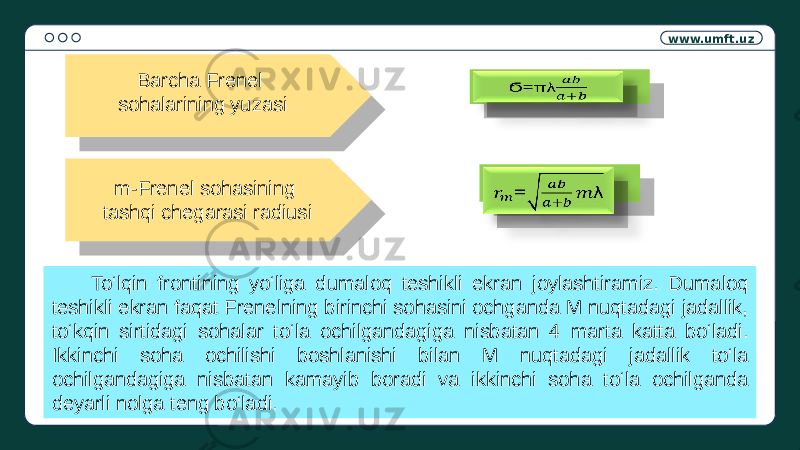 www.umft.uz Barcha Frenel sohalarining yuzasi Ϭ=πλ  =  To‘lqin frontining yo‘liga dumaloq teshikli ekran joylashtiramiz. Dumaloq teshikli ekran faqat Frenelning birinchi sohasini ochganda M nuqtadagi jadallik, to‘kqin sirtidagi sohalar to‘la ochilgandagiga nisbatan 4 marta katta bo‘ladi. Ikkinchi soha ochilishi boshlanishi bilan M nuqtadagi jadallik to‘la ochilgandagiga nisbatan kamayib boradi va ikkinchi soha to‘la ochilganda deyarli nolga teng bo‘ladi. m-Frenel sohasining tashqi chegarasi radiusi 38 24 2F 24 