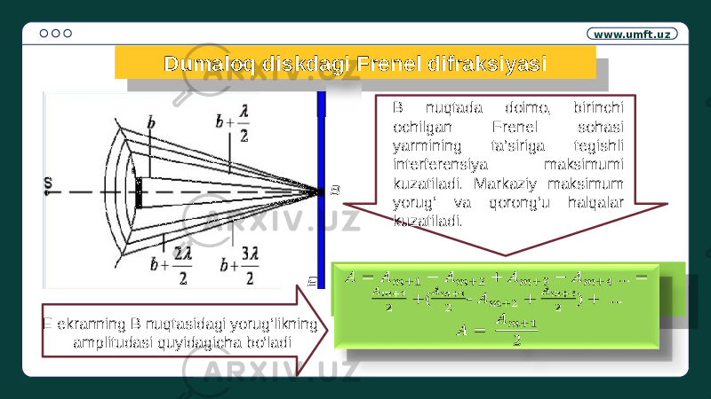 www.umft.uz B nuqtada doimo, birinchi ochilgan Frenel sohasi yarmining ta’siriga tegishli interferensiya maksimumi kuzatiladi. Markaziy maksimum yorug‘ va qorong‘u halqalar kuzatiladi. ( -   E ekranning B nuqtasidagi yorug‘likning amplitudasi quyidagicha bo‘ladi B EDumaloq diskdagi Frenel difraksiyasi07 31 19 0A 24 24 