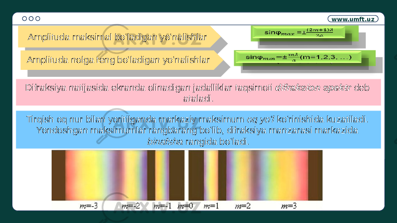 www.umft.uz Amplituda maksimal bo‘ladigan yo‘nalishlar =±  (m=1,2,3, …)  Amplituda nolga teng bo‘ladigan yo‘nalishlar Difraksiya natijasida ekranda olinadigan jadalliklar taqsimoti difraksion spektr deb ataladi. Tirqish oq nur bilan yoritilganda markaziy maksimum oq yo‘l ko‘rinishida kuzatiladi. Yondoshgan maksimumlar rangbarang bo‘lib, difraksiya manzarasi markazida binafsha rangida bo‘ladi. 2F 24 31212F 24 