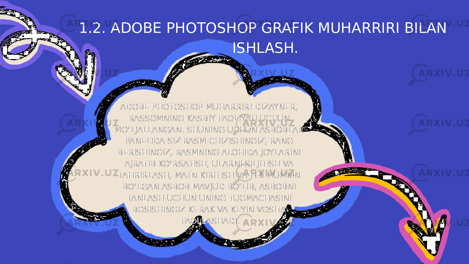 1.2. ADOBE PHOTOSHOP GRAFIK MUHARRIRI BILAN ISHLASH. ADOBE PHOTOSHOP MUHARRIRI DIZAYNER, RASSOMNING KASBIY FAOLIYATI UCHUN MO‘LJALLANGAN. SHUNING UCHUN ASBOBLAR PANELIDA SIZ RASM CHIZISHINGIZ, RANG BERISHINGIZ, RASMNING ALOHIDA JOYLARINI AJRATIB KO‘RSATISH, ULARNI SILJITISH VA TAHRIRLASH, MATN KIRITISH VA H.K MUMKIN BO‘LGAN ASBOB MAVJUD BO‘LIB, ASBOBNI TANLASH UCHUN UNING TUGMACHASINI BOSISHINGIZ KERAK VA KEYIN VOSITA FAOLLASHADI. 