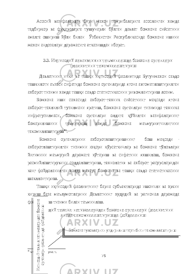 Асосий вазифалардан бири жахон тажрибаларига асосланган хамда тадбиркор ва фуқароларга тушунарли бўлган давлат божхона сиёсатини амалга ошириш йўли билан Ўзбекистон Республикасида божхона ишини жахон андозалари даражасига етказишдан иборат. 3.3 . Иқтисодий хавсизликни таъминлашда божхона органлари фаолиятини такомиллаштириш Давлатнинг ички ва ташқи иқтисодий фаолиятида Бутунжахон савдо ташкилоти аъзоси сифатида божхона органларида ягона автоматлаштирилган ахборот тизими хамда ташқи савдо статистикасини ривожлантириш лозим. Божхона иши сохасида ахборот-техник сиёсатнинг мақсади ягона ахборот-тахлилий тузилмани яратиш, божхона органлари тизимида техника инфратузилмаси, божхона органлари олдига қўйилган вазифаларнинг бажарилишини таъминлаш хамда божхона маъмуриятчилигини такомиллаштириш 41 . Божхона органларини ахборотлаштиришнинг бош мақсади - ахборотлаштирилган тизимни юқори кўрсаткичлар ва божхона тўловлари йиғимини маъмурий даражага кўтариш ва сифатини яхшилаш, божхона расмийлаштирувини соддалаштириш, технология ва ахборот ресурсларидан кенг фойдаланилган холда махсус божхона ва ташқи савдо статистикасини шакллантириш. Ташқи иқтисодий фаолиятнинг барча субъектларида ишончли ва эркин кириш база маълумотларини Давлатнинг худудий ва регионал даражада фойдаланиш тизими билан таъминлаш. И қ тисодий тахлил натижаларидан божхона органлари фаолиятини янада такомиллаштиришда фойдаланиш 41 www . ek - lit . agava . ru 78Иктисодий тахлил натижаларидан божхона органлари фаолиятида фойдаланишБожхона туловларини ундирилиш тартибини такомиллаштириш2E0506090A0E1409160706021B040904070C0206091A020402100914020C07150E1A1B0E0C0207 0E100D020C040210090708020E04091F060914020707080E16140204020C090F 