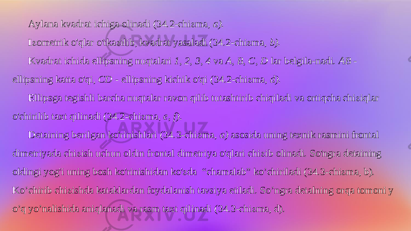 Aylana kvadrat ichiga olinadi (34.2-chizma, a). Izometrik o&#39;qlar o&#39;tkazilib, kvadrat yasaladi (34.2-chizma, b). Kvadrat ichida ellipsning nuqtalari 1, 2, 3, 4 va A, B, C, D lar belgila-nadi. AB - ellipsning katta o&#39;qi, CD - ellipsning kichik o&#39;qi (34.2-chizma, d). Ellipsga tegishli barcha nuqtalar ravon qilib tutashtirib chiqiladi va ortiqcha chiziqlar o&#39;chirilib taxt qilinadi (34.2-chizma, e, f). Detaining berilgan ko&#39;rinishlari (34.3-chizma, a) asosida uning texnik rasmini frontal dimetriyada chizish uchun oldin frontal dimetriya o&#39;qlari chi zib olinadi. So&#39;ngra detaining oldingi yog&#39;i uning bosh ko&#39;rinishidan ko&#39;zda “chamalab” ko’chiriladi (34.3-chizma, b). Ko’chirib chizishda kataklardan foydalanish tavsiya etiladi. So’ngra detalning orqa tomoni y o’q yo’nalishida aniqlanadi va rasm taxt qilinadi (34.3-chizma, d). 
