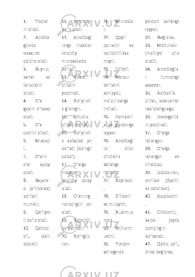 1. Y o qish ni biladi. 2. Atrofda gilarda taassurot qoldira oladi. 3. Buyruq berish va ishlatishni biladi. 4. O’z gapini o’tkaza oladi. 5. O’z qadrini biladi. 6. Mustaqi l. 7. O’zini o’zi eplay oladi. 8. Beparv o (e`tiborsiz) bo’lishi mumkin. 9. Qat`iyat li bo’la oladi. 10. Qattiqq o’l, lekin adolatli. 11. Samimiy bo’la oladi. 12. Atrofdagi larga n isbatan tanqidiy munosabatda bo’ladi. 13. Xasrat qilishni yoqtiradi. 14. Ko’pinch a g`amgin. 15. SHubha qilishi mumkin. 16. Ko’pinch a xafsalasi pir bo’ladi (ko’ngli qoladi). 17. O’ziga nisbatan tanqidiy qaray oladi. 18. O’zining nohaqligini tan oladi. 19. Bajonidil bo’ysunadi. 20. Ko’ngilc han. 21. Minnatdo r. 22. Qoyil qoluvchi va taqlidchilikka moyil. 23. Iltifotli. 24. Manzur bo’lishni xohlaydi, ma`qullashga intiladi. 25. Hamkorli k va yordamga tayyor. 26. Atrofdagi lar bilan chiqishib ketishga intiladi. 27. Xayrixoh . 28. E`tiborli va muloyim. 29. Xushmuo mala. 30. Ruhlantir uvchi. 31. Yordam so’raganda yordam berishga tayyor. 32. Beg`araz. 33. Maftunkor (mahliyo qila oladi). 34. Atrofdagila r hurmatiga sazovor. 35. Rahbarlik qilish, boshqarish iste`dodiga ega. 36. Javobgarlik ni yoqtiradi. 37. O’ziga ishongan. 38. O’ziga ishongan va tirishqoq. 39. Uddaburon, omilkor (Epchil va tadbirkor). 40. Raqobatchi . 41. CHidamli, kerak joyda qattiqligini ko’rsatadi. 42. Qattiq qo’l, biroq beg`araz. 