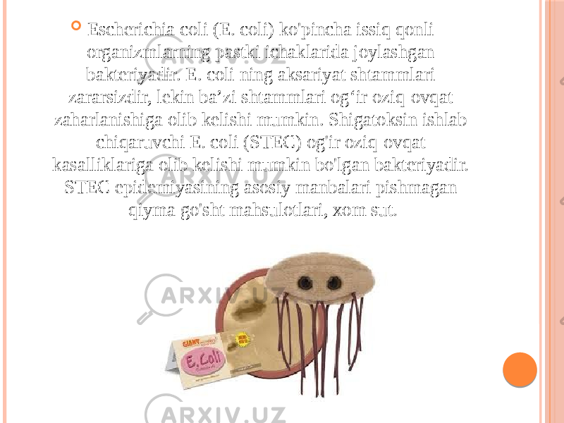  Escherichia coli (E. coli) ko&#39;pincha issiq qonli organizmlarning pastki ichaklarida joylashgan bakteriyadir. E. coli ning aksariyat shtammlari zararsizdir, lekin baʼzi shtammlari ogʻir oziq-ovqat zaharlanishiga olib kelishi mumkin. Shigatoksin ishlab chiqaruvchi E. coli (STEC) og&#39;ir oziq-ovqat kasalliklariga olib kelishi mumkin bo&#39;lgan bakteriyadir. STEC epidemiyasining asosiy manbalari pishmagan qiyma go&#39;sht mahsulotlari, xom sut. 