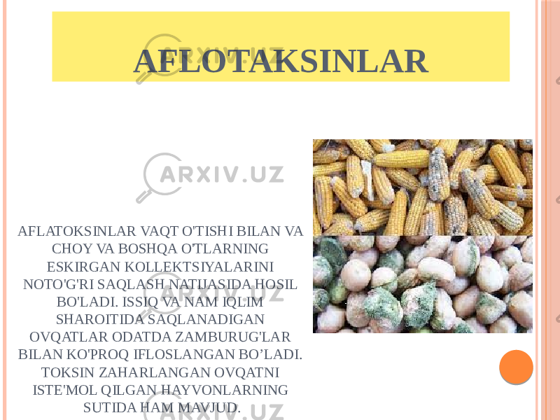 AFLATOKSINLAR VAQT O&#39;TISHI BILAN VA CHOY VA BOSHQA O&#39;TLARNING ESKIRGAN KOLLEKTSIYALARINI NOTO&#39;G&#39;RI SAQLASH NATIJASIDA HOSIL BO&#39;LADI. ISSIQ VA NAM IQLIM SHAROITIDA SAQLANADIGAN OVQATLAR ODATDA ZAMBURUG&#39;LAR BILAN KO&#39;PROQ IFLOSLANGAN BO’LADI. TOKSIN ZAHARLANGAN OVQATNI ISTE&#39;MOL QILGAN HAYVONLARNING SUTIDA HAM MAVJUD. AFLOTAKSINLAR 