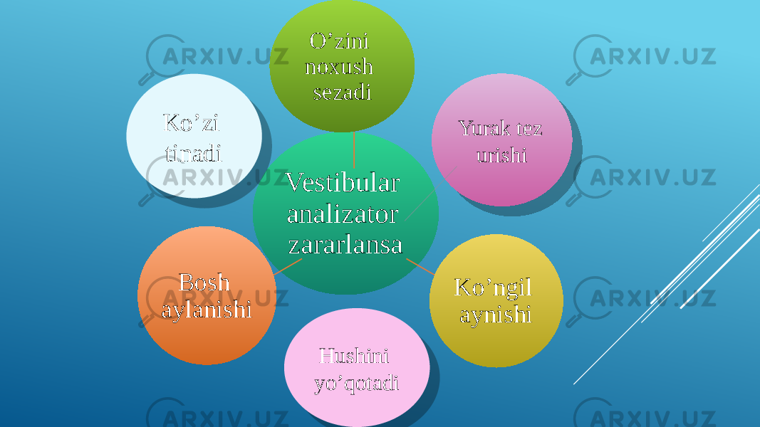 Vestibular analizator zararlansa O’zini noxush sezadi Ko’ngil aynishiBosh aylanishi Yurak tez urishiKo’zi tinadi Hushini yo’qotadi32 0317 3D05 09130807 31 1405 