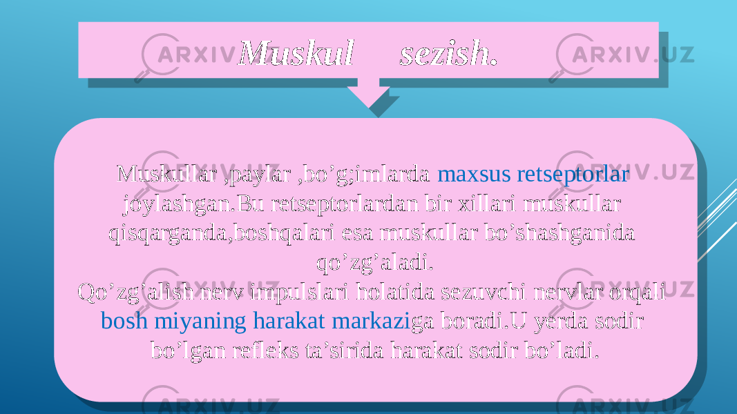 Muskul sezish. Muskullar ,paylar ,bo’g;imlarda maxsus retseptorlar joylashgan.Bu retseptorlardan bir xillari muskullar qisqarganda,boshqalari esa muskullar bo’shashganida qo’zg’aladi. Qo’zg’alish nerv impulslari holatida sezuvchi nervlar orqali bosh miyaning harakat markazi ga boradi.U yerda sodir bo’lgan refleks ta’sirida harakat sodir bo’ladi.1E0B 02 10 30 0C130B 0C 2C 25 1507 25 