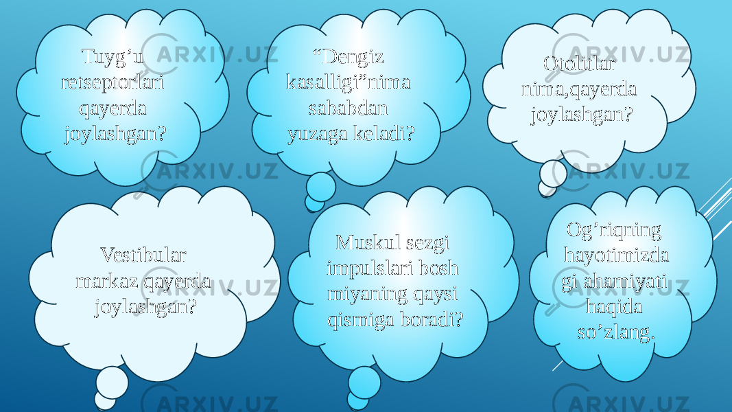 “ Dengiz kasalligi”nima sababdan yuzaga keladi? Otolitlar nima,qayerda joylashgan? Vestibular markaz qayerda joylashgan? Muskul sezgi impulslari bosh miyaning qaysi qismiga boradi?Tuyg’u retseptorlari qayerda joylashgan? Og’riqning hayotimizda gi ahamiyati haqida so’zlang. 