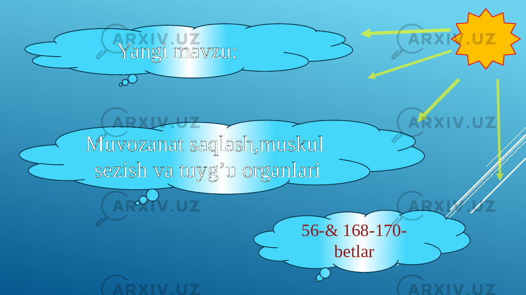 Yangi mavzu: Muvozanat saqlash,muskul sezish va tuyg’u organlari 56-& 168-170- betlar 