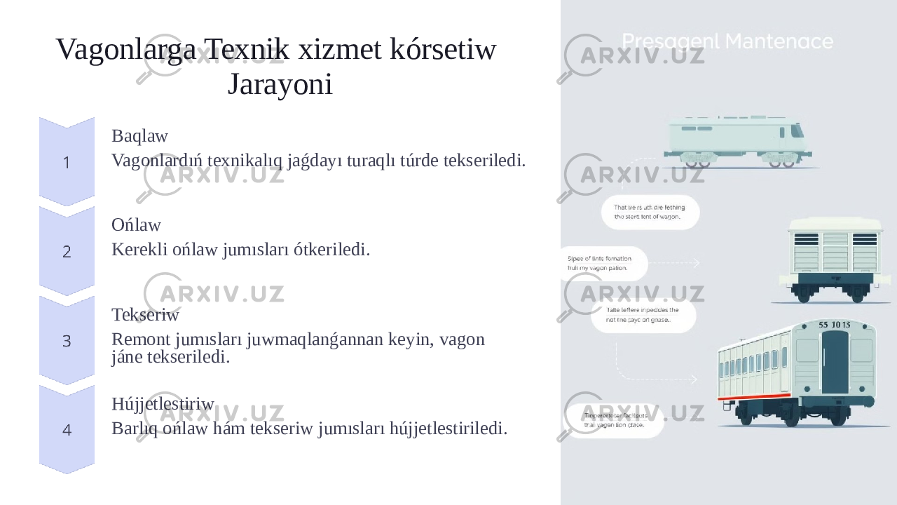 Vagonlarga Texnik xizmet kórsetiw Jarayoni Baqlaw Vagonlardıń texnikalıq jaǵdayı turaqlı túrde tekseriledi. Ońlaw Kerekli ońlaw jumısları ótkeriledi. Tekseriw Remont jumısları juwmaqlanǵannan keyin, vagon jáne tekseriledi. Hújjetlestiriw Barlıq ońlaw hám tekseriw jumısları hújjetlestiriledi. 