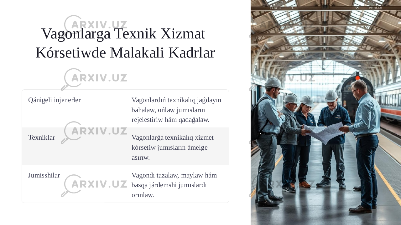 Vagonlarga Texnik Xizmat Kórsetiwde Malakali Kadrlar Qánigeli injenerler Vagonlardıń texnikalıq jaǵdayın bahalaw, ońlaw jumısların rejelestiriw hám qadaǵalaw. Texniklar Vagonlarǵa texnikalıq xizmet kórsetiw jumısların ámelge asırıw. Jumisshilar Vagondı tazalaw, maylaw hám basqa járdemshi jumıslardı orınlaw. 