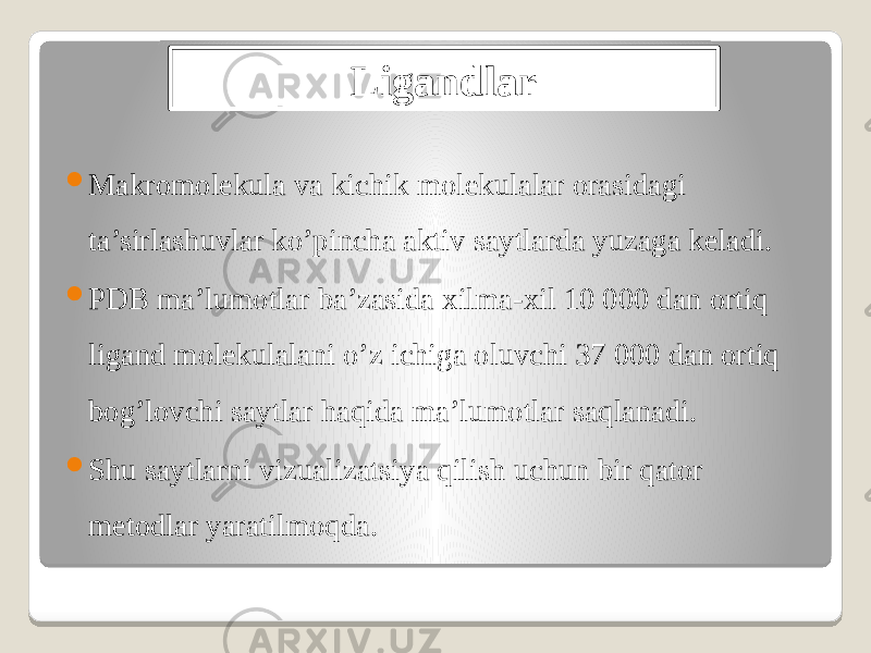 Ligandlar  Makromolekula va kichik molekulalar orasidagi ta’sirlashuvlar ko’pincha aktiv saytlarda yuzaga keladi.  PDB ma’lumotlar ba’zasida xilma-xil 10 000 dan ortiq ligand molekulalani o’z ichiga oluvchi 37 000 dan ortiq bog’lovchi saytlar haqida ma’lumotlar saqlanadi.  Shu saytlarni vizualizatsiya qilish uchun bir qator metodlar yaratilmoqda. 